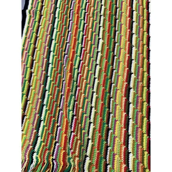 VINTAGE AFGHAN THROW BLANKET RUG 1970s RETRO MULTI-COLOR 62x44 - Picture 8 of 9